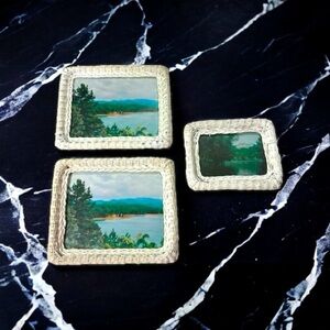 Vtg Set Woven Wicker Rattan Picture Frames Boho Cottage 2 12x10” 1 9x7” Hang Sit